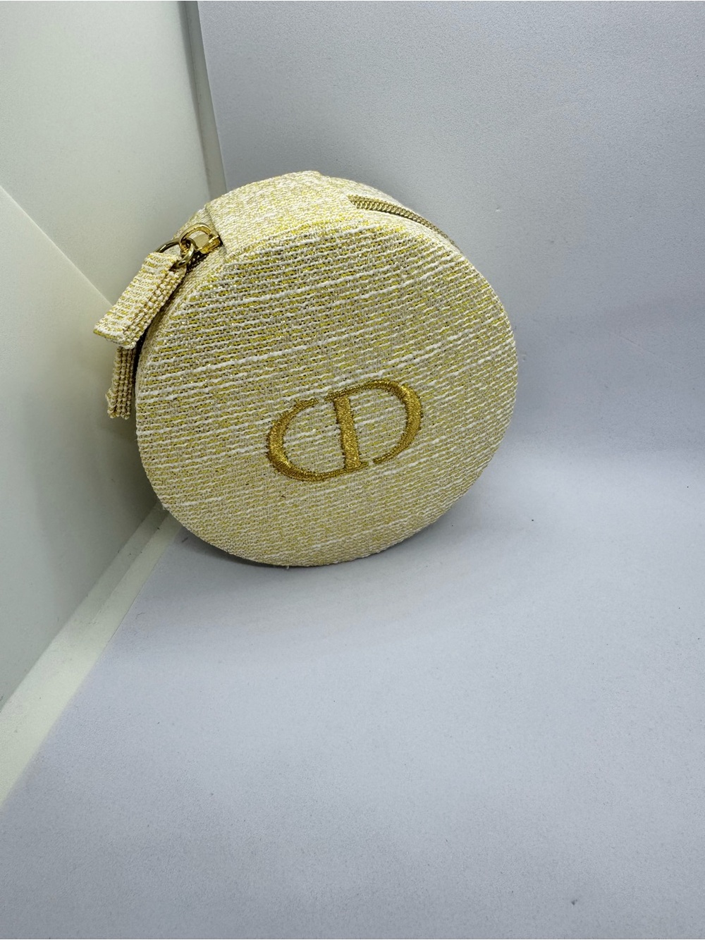Dior Round Cream Textured Mini with Gold Logo